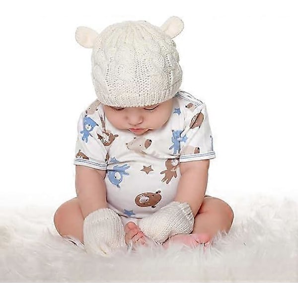 Nyfödd Baby Vintermössa och Vantar Set Spädbarn Småbarn Varm Stickad Mössa och Vante Set för Pojkar Flickor Vit, S