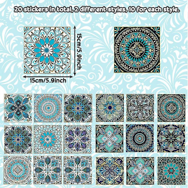 Förpackning med 20 kakeldekor, 15 x 15 cm, självhäftande kakel, färgglada kakeldekor, självhäftande kakeldekor, kakelfilm, vattentäta mosaikplattor, Marocka