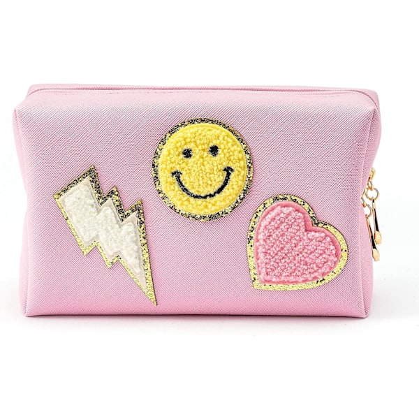 Preppy Patch Liten Toalettväska Smile Lightning Heart PU Läder Portabel Vattentät Smink Kosmetisk