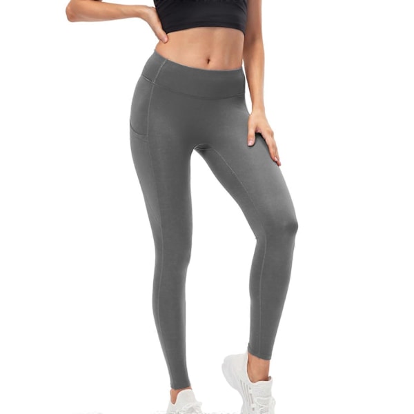 Fleecefodrade Termoleggings Dam Mjuka Elastiska Varma Vinterträningsleggings för Kvinnor Högmidjade Tummy Control Yogabyxor med Fickor, L, grå
