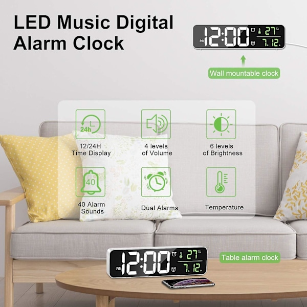 Digital Väckarklocka, LED Digital Spegel Stor Skärm med Datum Temperatur, 2 Alarm, 40 Musik, 6 Dimbar Ljusstyrka, Vit
