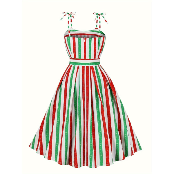 Färgglada randiga print Cami Dress, Vintage Belted Swing Aline Sl Mixed Colors L(12/14)