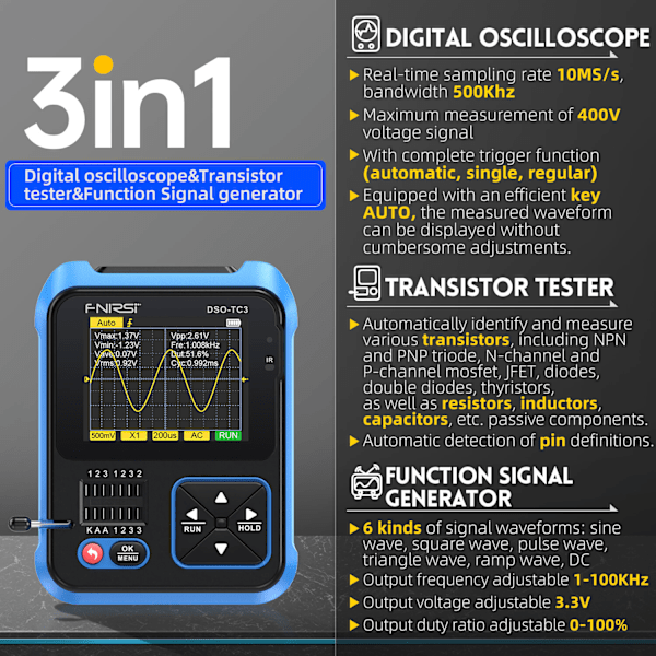 FNIRSI DSO-TC3 Digitalt Oscilloskop Transistor Testare Funktionssignalgenerator 3 i 1 Multifunktionell Elektronisk Komponenttestare - DSO-TC3 (avancerad)