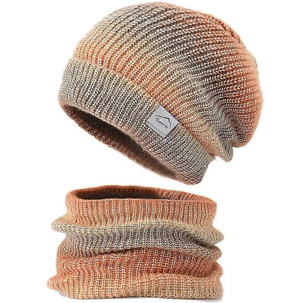 Vintermössa stickad mössa med halsduk dam varm mössa beanie höst vinter halsduk och mössa set 56-60CM, kostym gradvis orange