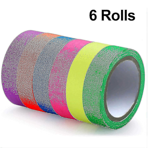 6 Rullar Fluorescerande Tygtejp, Självhäftande UV Svart Ljusreaktiv Spikad Tejp