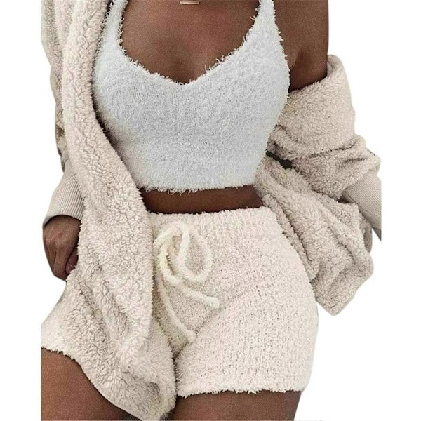Dam Vinter Plysch Hemmakläder vit 3-delad Pyjamas Långärmad Fluffig Jacka med Öppen Framsida & Shorts & Väst Set Håll Värmen Kappa
