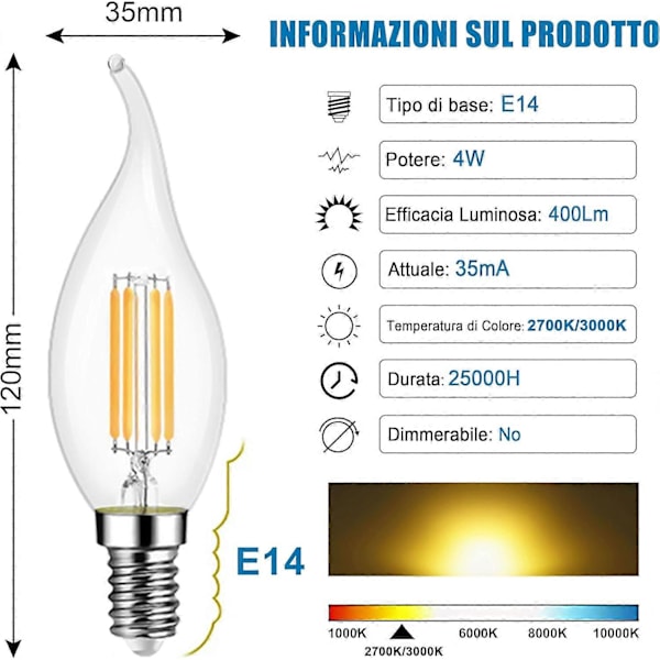 10-pack 4W LED Filamentlampa E14 470LM Flamljus Kallvitt 6000K, Ej Dimbar, 360 Graders Ljusvinkel