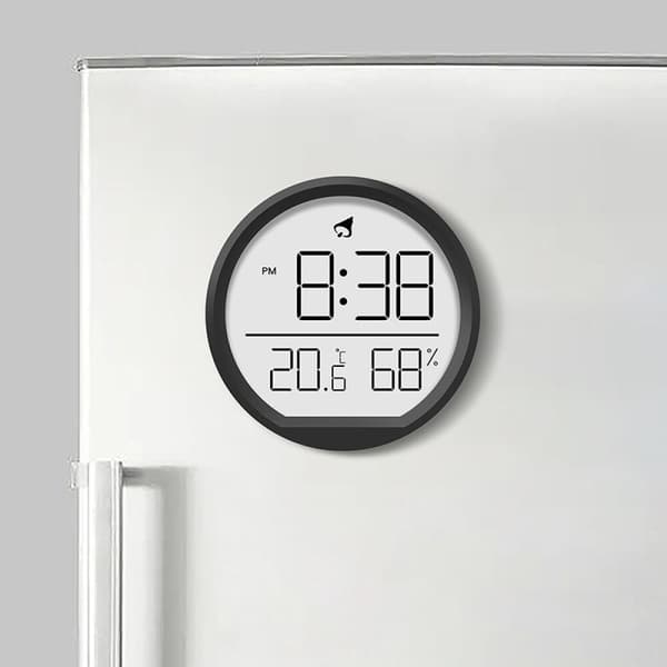 Smal magnetisk termometer och hygrometer med väggmonterad elektronisk klockfunktion