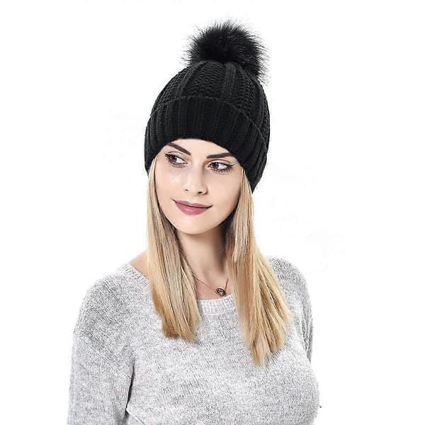 Damstickad mössa med satin foder Pom Pom Vinter Varm Mössa Tofs Mössa Hårskyddande Silkeslen Stretch Stickad Mössa, svart