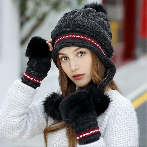 Damhattset Fluffig Vintermössa Stickad Beanie Utomhus Plyschfoder Rysk Mössa Pompom Öronlapp med Handskar, svart