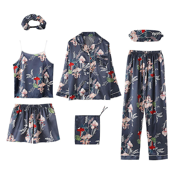 7 Delar Dam Pyjamas Set Faux Siden Pyjamas Dam Pyjamas Sovkläder Set Vår Sommar Hemmakläder Nattkläder Set Damer Bekväm Bomull GåvaMB