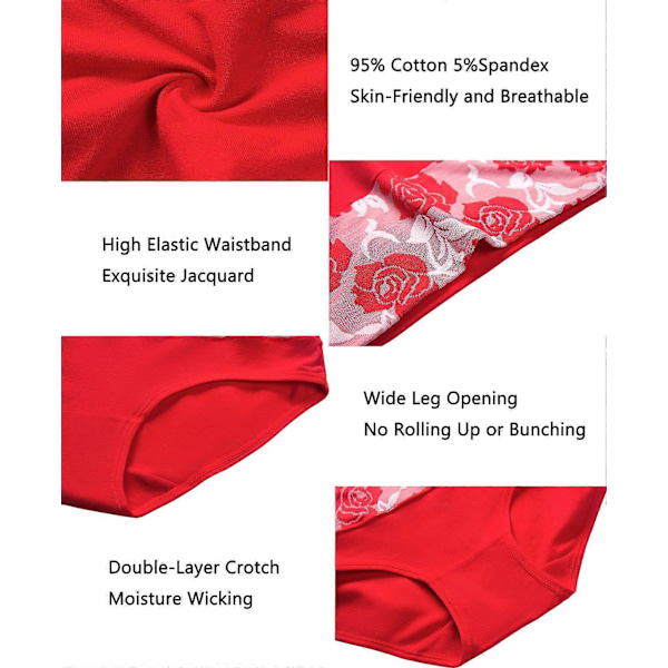 Högmidjade trosor för damer med rosor, bomullstrosor, underkläder med full täckning, plus size multipack (XL) röd