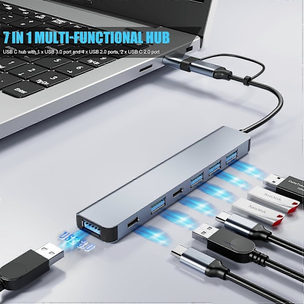 Aluminium 7 i 1 USB C Hub med 7 USB-portar Ultra Slim Portabel USB Splitter Adapter