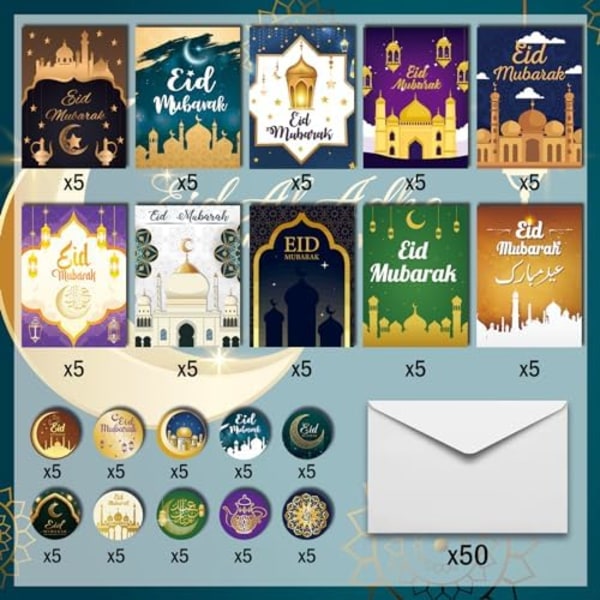 50-pack Eid Mubarak-kort, Islamiska Ramadan-kort Hälsning C