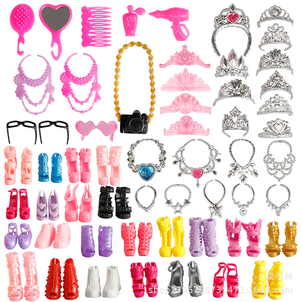 66 st/set Barbie Docka Klänningar Skor Smycken Kläder Tillbehör Utklädningslek För 30cm Docka