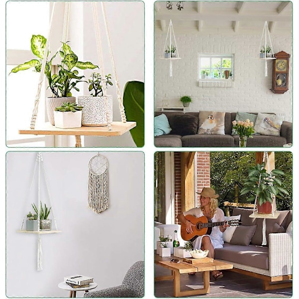 Trähängande Hylla Makramé Växthängare Hållare Hängande Blomkrukshållare Blomkrukshållare Boho för Växter Hängare Inomhus Utomhus Heminredning (Fyrkantig 10