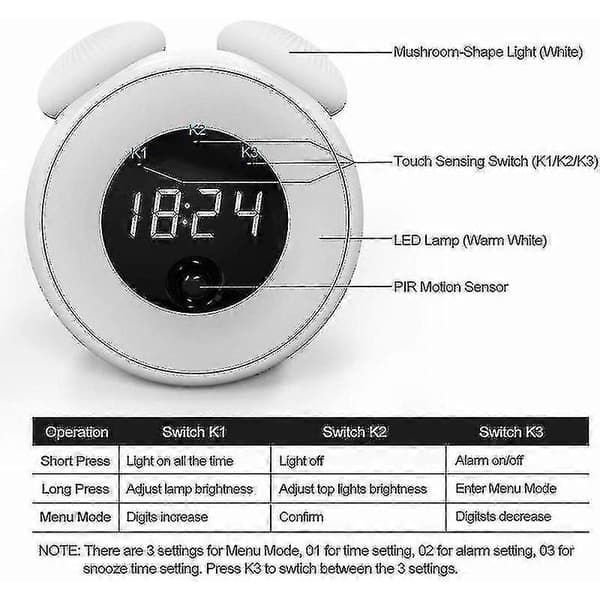 2023-rörelsesensor Sunrise Väckarklocka med Dimbar Auto-off Nattlampa, Digital LED