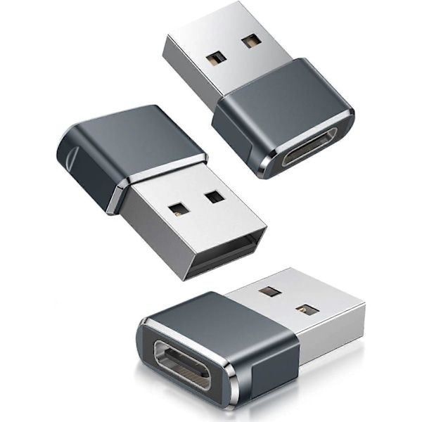 USB till USB C Adapter 3-pack, Typ C Hona till A Hane Laddningskabel Konverterare Grå