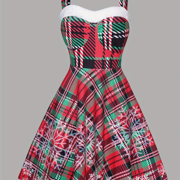 Christmas Snowflake print klänning, Casual Spaghetti Strap Ba Red XL(16)