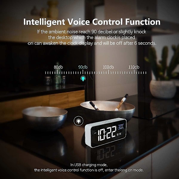 Digital väckarklocka, LED-alarm med snooze-funktion, USB-portladdning (Vit)