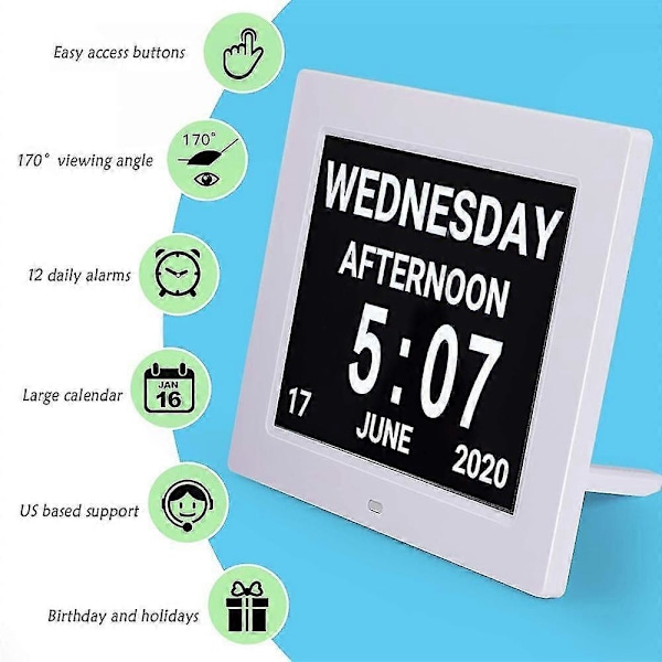 Digital Kalender Alarm Dagklocka med 8\" Stor Skärm, Förmiddag/Eftermiddag, 5 Alarm, Demensklockor LED Elektronisk Bordskalender Äldre Alarmklocka Perpet