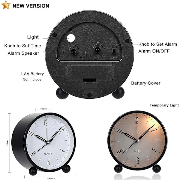 Analog väckarklocka, 4 tum stor urtavla, minimalistisk rund metallväckarklocka, modern sängväckarklocka, tickar inte, tyst, batteridriven (svart)