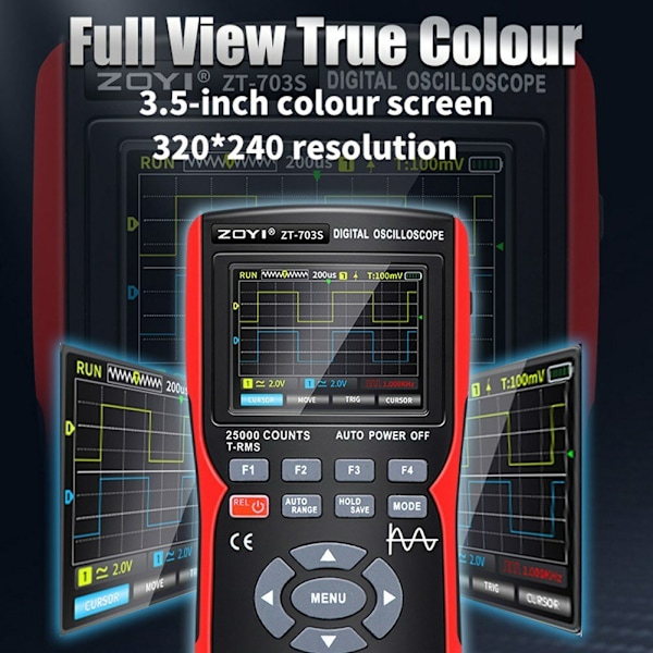 ZOYI 703S 3-i-1 Dubbelkanal 50MHZ Bandbredd Handhållet Oscilloskop Multimeter Generator 280MSa s Hög Samplingsfrekvens Professionellt Oscilloskop 25000 Räkning