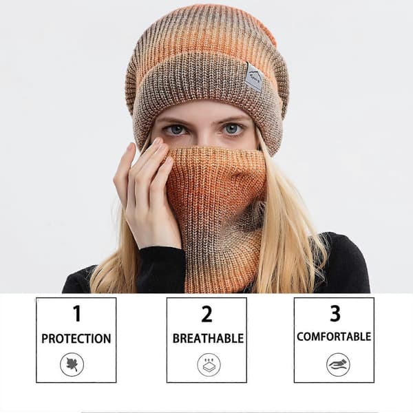 Vintermössa stickad mössa med halsduk dam varm mössa beanie höst vinter halsduk och mössa set 56-60CM, kostym gradvis orange