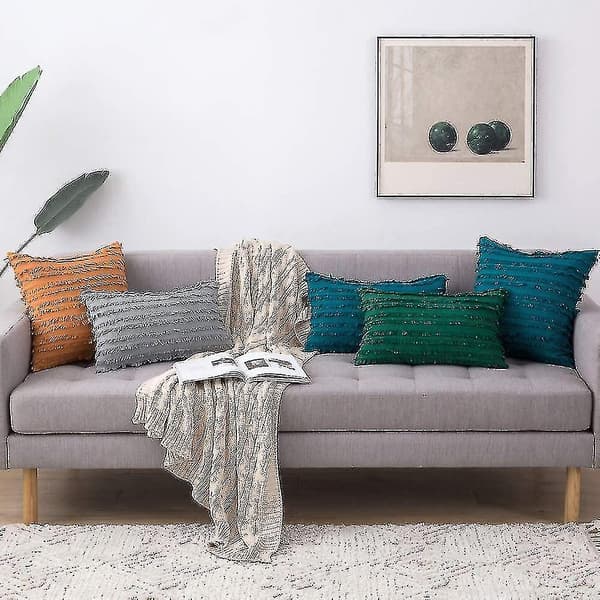 Set med 2 dekorativa Boho prydnadskuddar Linne Randigt Jacquard Mönster Kuddfodral för Soffa Vardagsrum Sovrum 30x50 cm Ljusgrå
