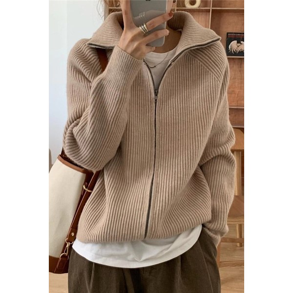 ZIP UP Kofta Dragkedja Tröja Stickad Krage Tröjor Ytterkläder Toppar Enfärgad Tröja Höst Vinter Varm Dam One Size