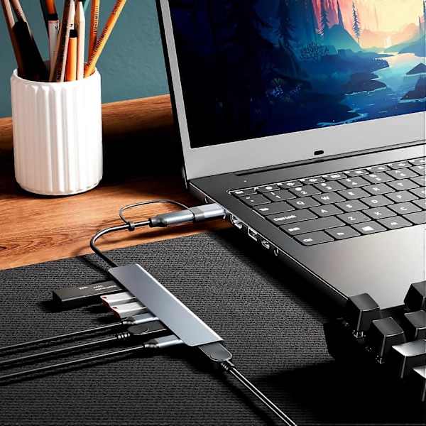 Aluminium 7 i 1 USB C Hub med 7 USB-portar Ultra Slim Portabel USB Splitter Adapter