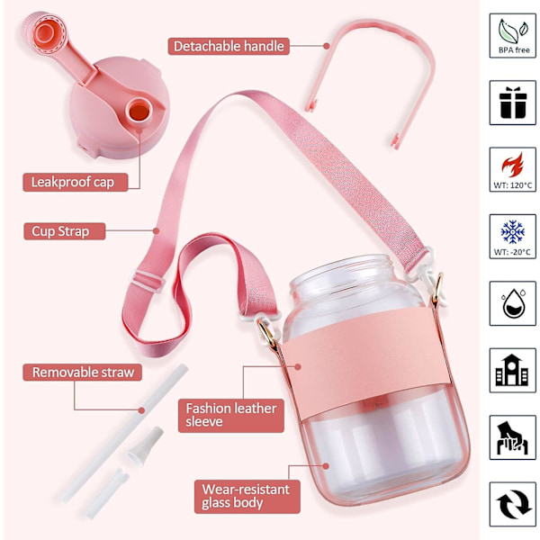 768 ml Glas Vattenflaskor Klar Söt Kawaii Vattenflaskor med Sugrör Rem Estetisk Sport Motivation