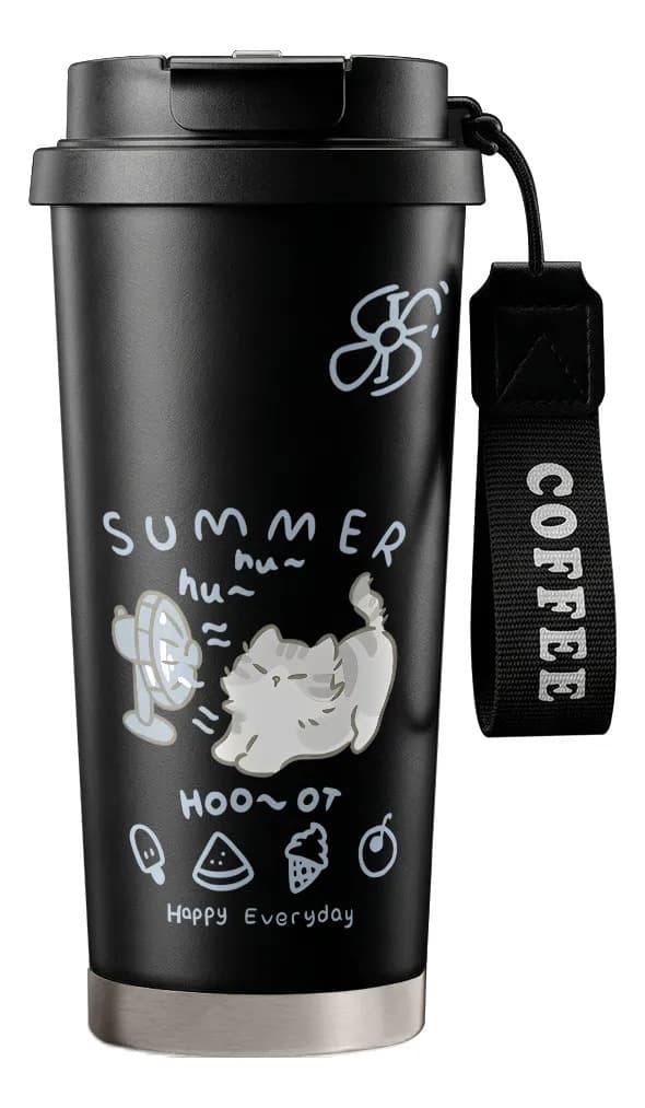 500 ml termoflaska med sugrör och bärrem, present Black