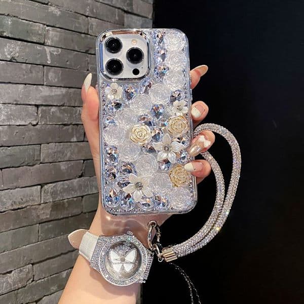 iPhone Mobildeksel - Diamantroseblomst med armbånd iPhone 11,SE