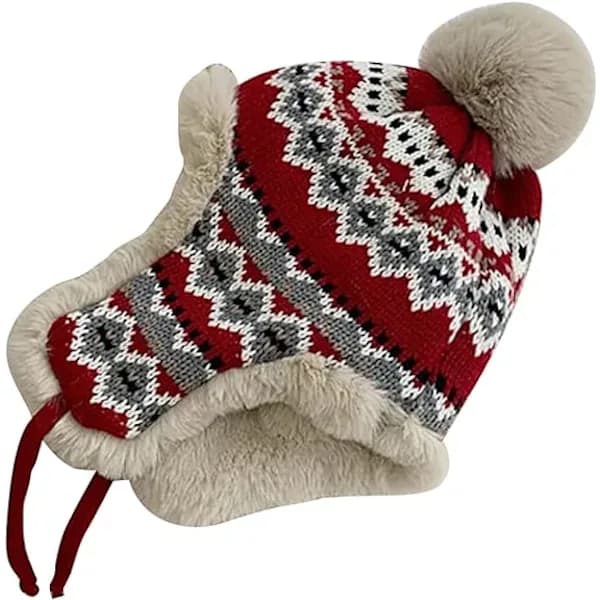 Warm winter hat in pilot model - Red, with wool earflaps, windproof pilot hat for outdoor activities such as skiing, SE
