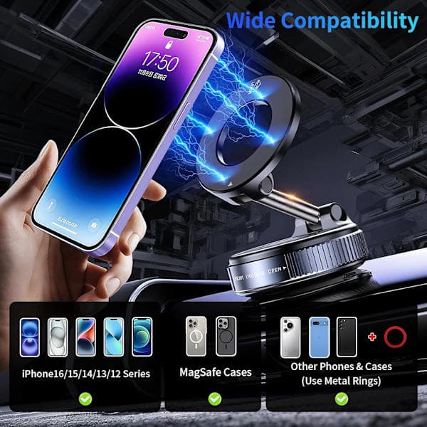 Magsafe Magnetic Car Phone Holder with Suction Cup - Extra Strong & Foldable for iPhone 12–16, SE