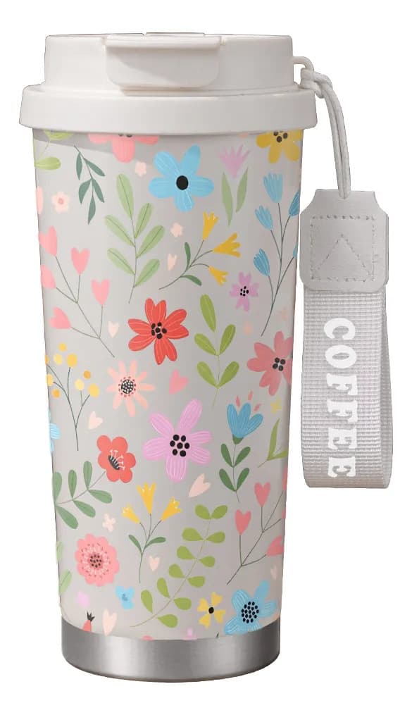 500 ml termokop med blå og lyserøde blomster, holder koldt og varmt White
