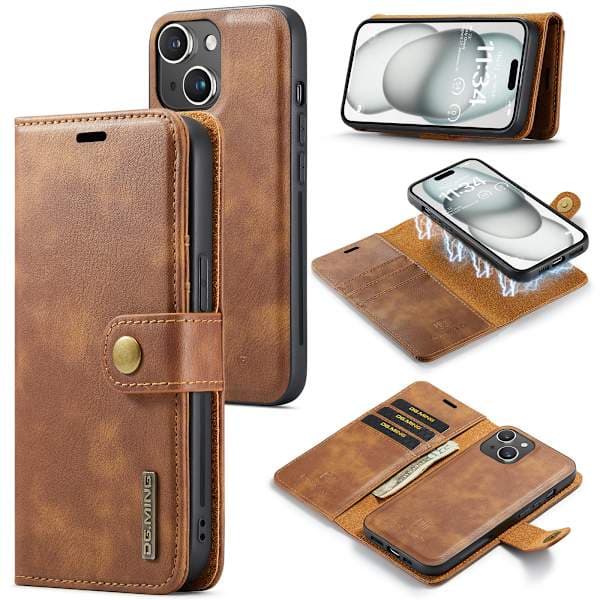 DG.MING Leather Case with Magnetic Shell, iPhone 15, Brown Brown, AB