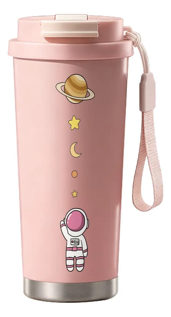 500 ml termokande i rustfrit stål med astronaut og sugerør Pink