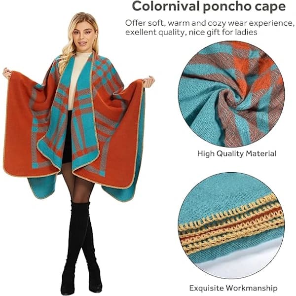1 st orange poncho för kvinnor - Stor stickad vinterhalsduk - Tjock, A