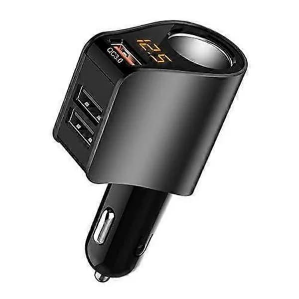 Car Charger Extension Cord Cigarette Socket Splitter With 3 USB And Voltage Meter,FS