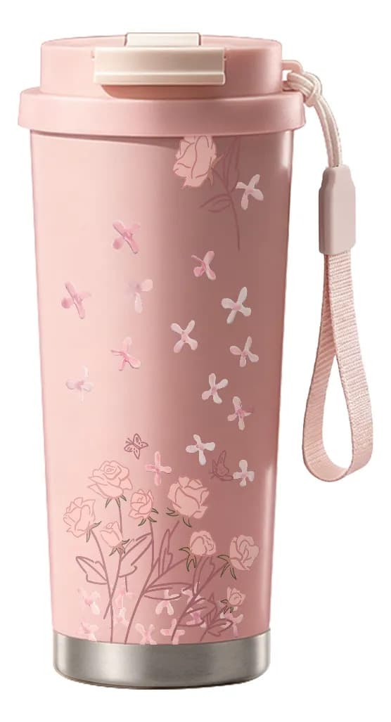 500 ml termokande med lyserøde blomster, holder koldt og varmt Pink