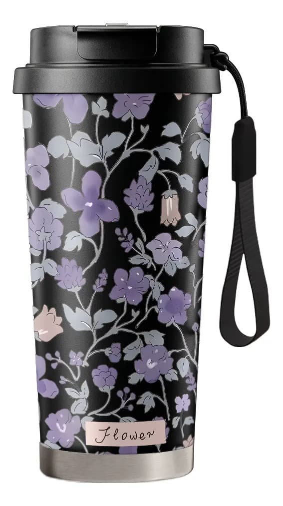 500 ml termomugg med lila blommor, bärbar och elegant Black