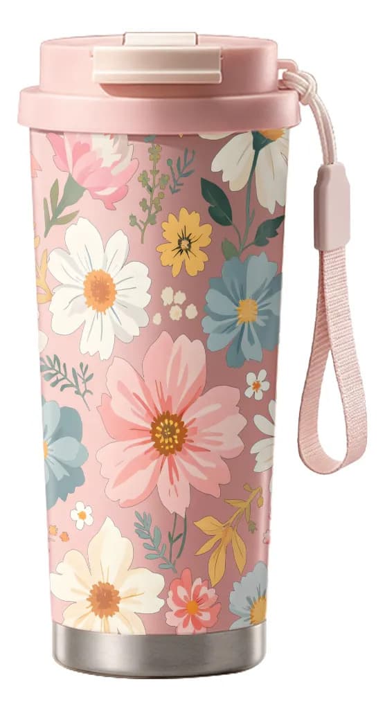 500 ml termisk termos med hvit roseblomst, bærbar gave Pink