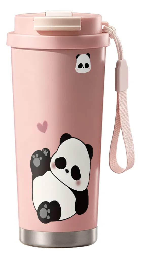 500 ml termos med bedårande panda, dubbel öppning och dold sugrör Pink