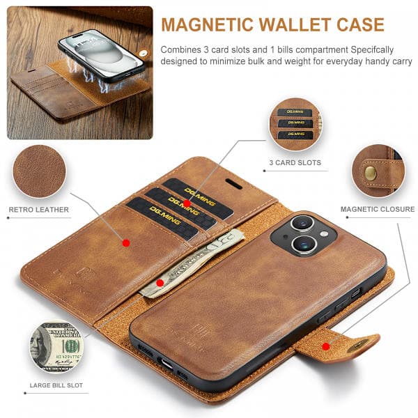DG.MING Leather Case with Magnetic Shell, iPhone 15, Brown Brown, AB