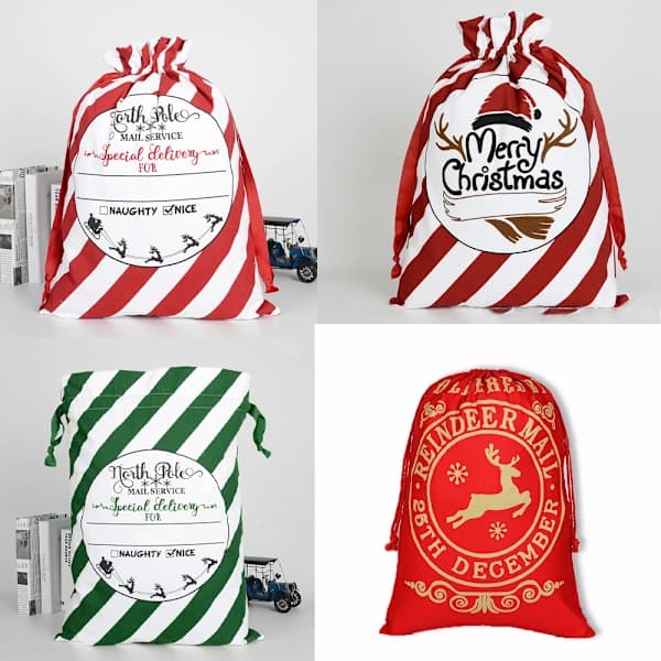 Set med 4 tomtesäckar med mönster (1), julklappspåsar, A