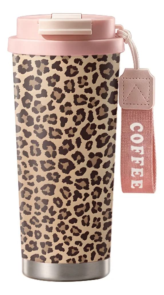 500 ml termomugg med leopardmönster, dubbel öppning och dold sugrör Pink