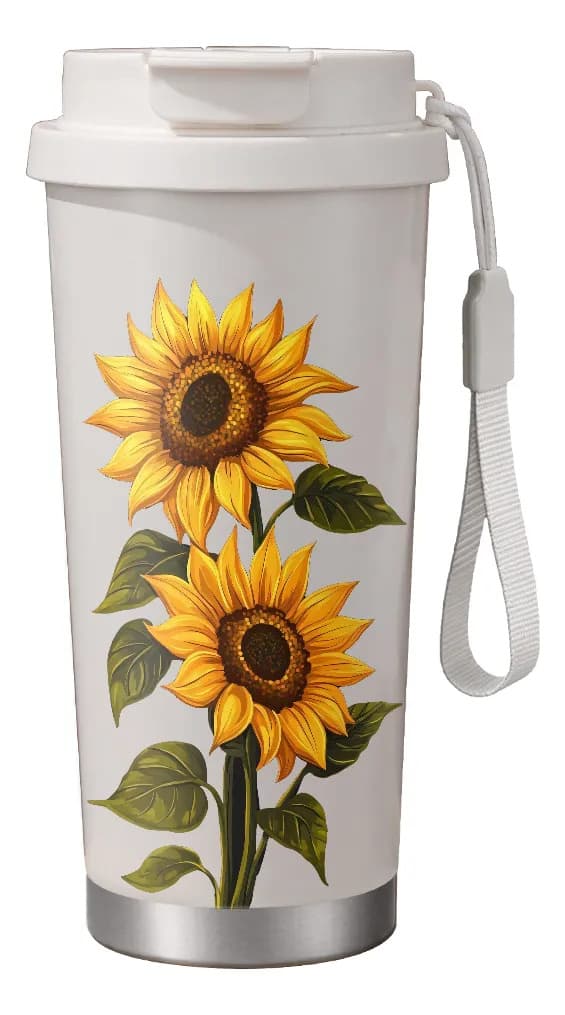 500 ml termomugg med solrosdesign, dubbelvägg och sugrör White