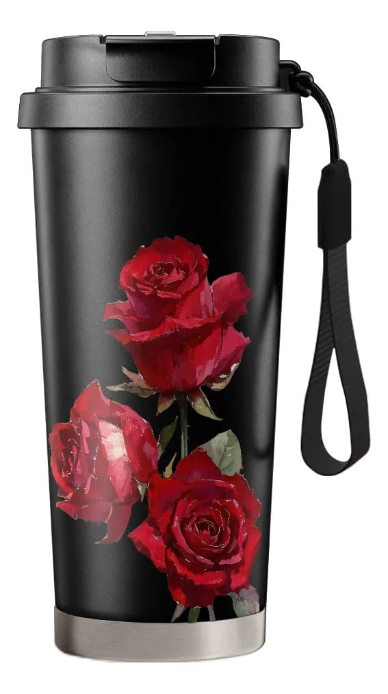 500 ml termokopp med røde roser, dobbel tut og sugerør Black
